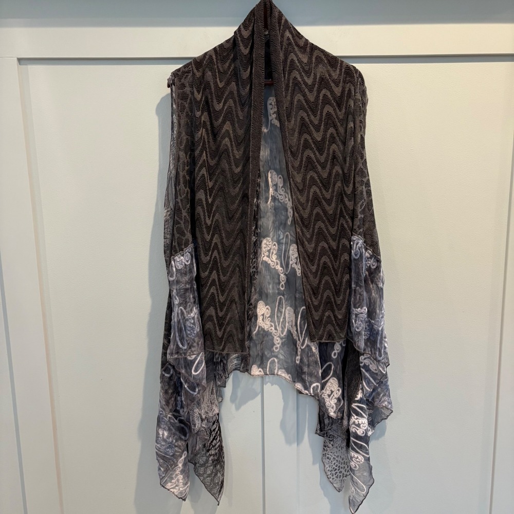 Boho Lagenlook Sheer Waterfall Cardigan Mixed Media Artsy Texture Black Gray OSF